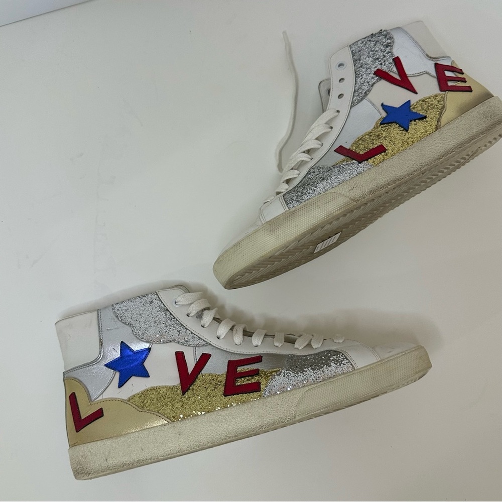 YSL Mid top sneaker with appliqué “Love” “Stars” and glitter panels 43.5 - Picture 3 of 12